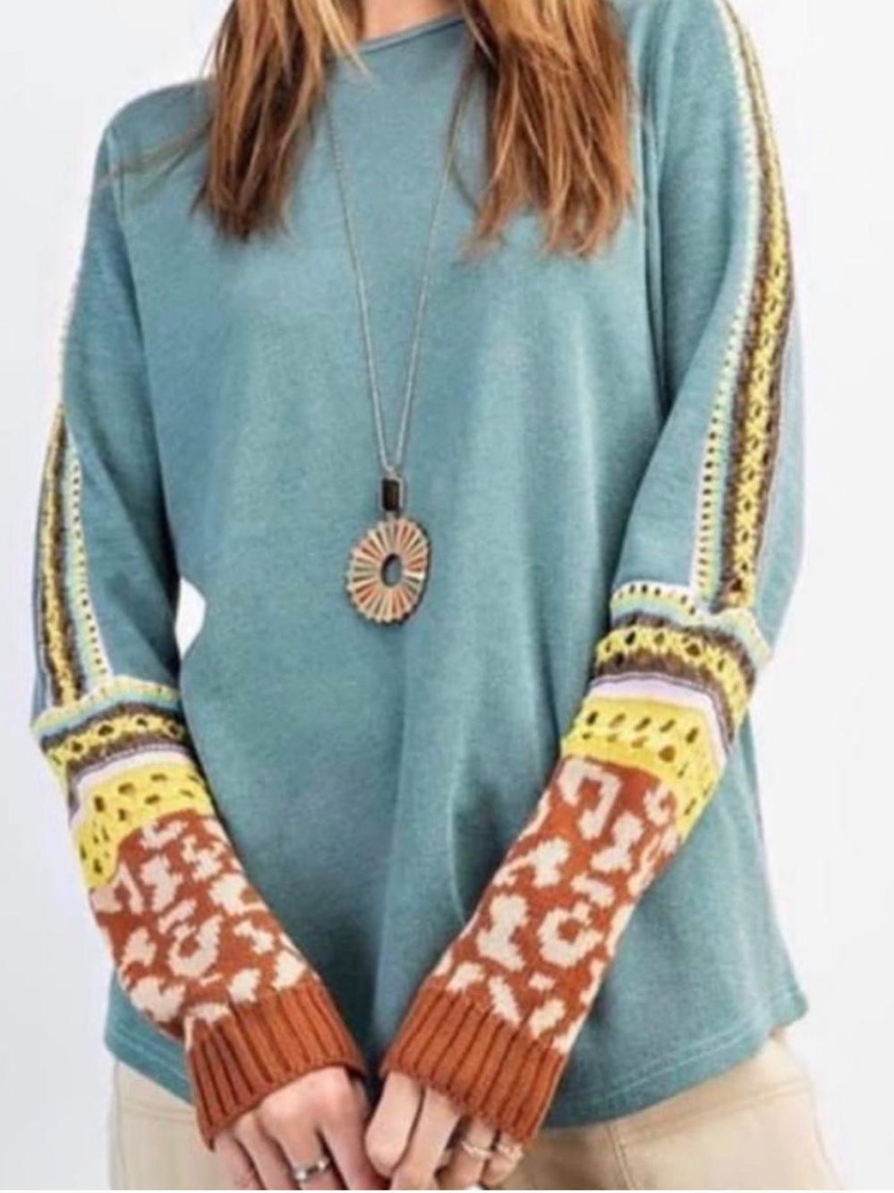 New: Easel “Indiana Dunes” Lightweight Sweater Mixed Crochet Patchwork Sleeves•M